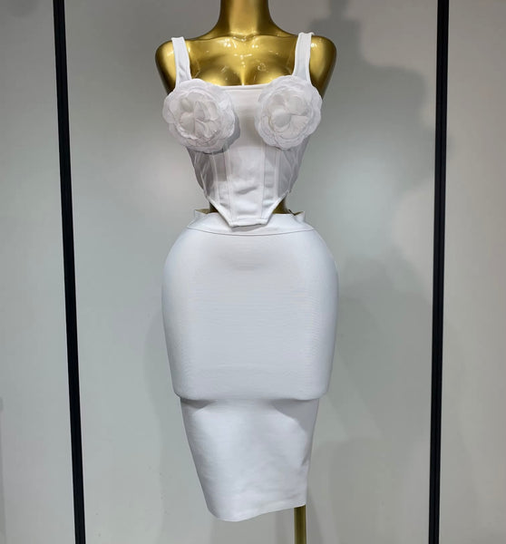 Women White Sleeveless 3D Floral Sexy Bandage Two Piece Skirt Set