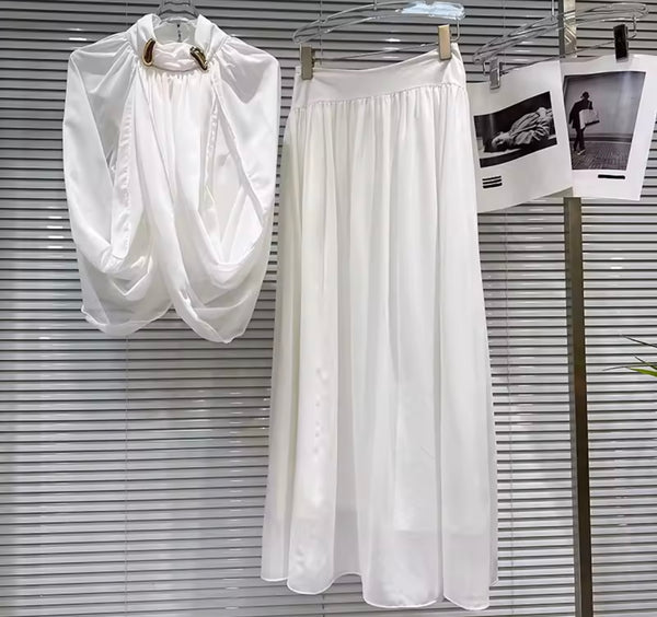 Women Draped Sleeveless Sexy Two Piece Maxi Skirt Set