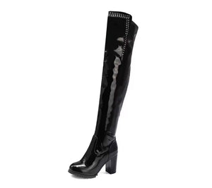 Women Fashion Rhinestone Patent Leather Over The Knee Boots