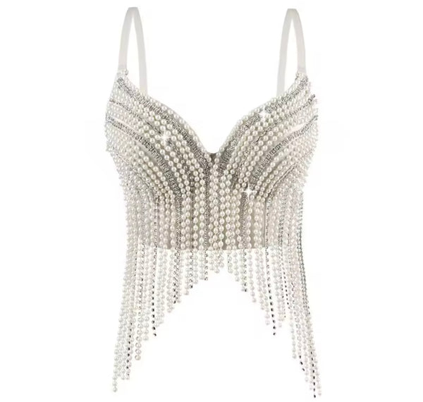 Women Fashion Sleeveless Beaded Bling Tassel Crop Top