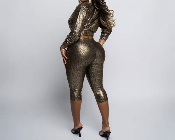 Women Fashion Zip Up Animal Print Two Piece Capri Pant Set