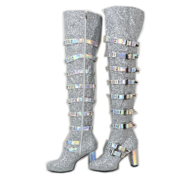 Women Silver Fashion Buckled Over The Knee Boots