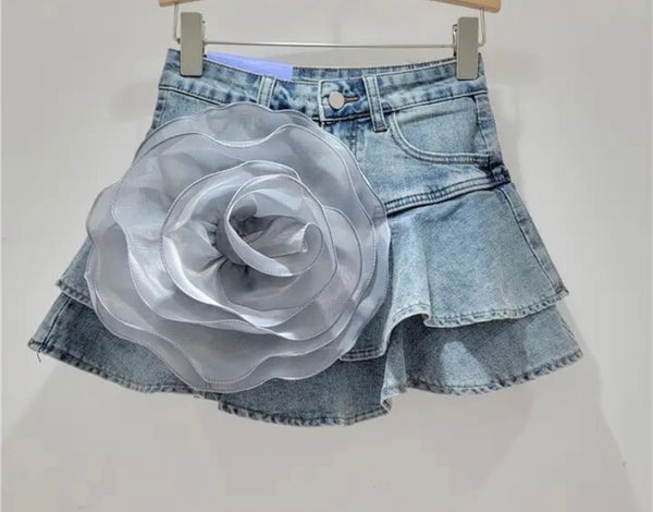 Women Fashion Color Floral Ruffled Denim Skirt