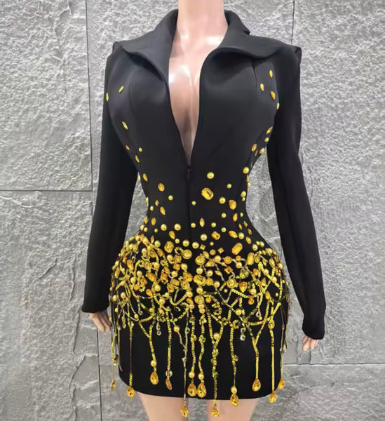 Women Sexy Full Sleeve Crystal Tassel Zip Up Blazer Dress