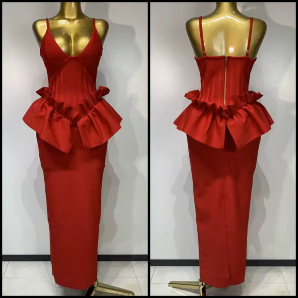 Women Red Sexy Sleeveless Ruffled Maxi Dress