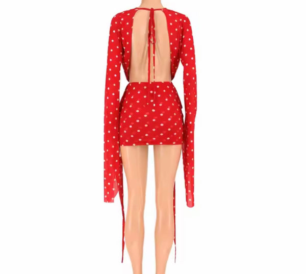 Women Sexy Draped V-Neck Full Sleeve Polka Dot Mesh Dress