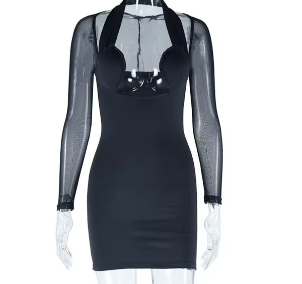 Women Black Halter Mesh Full Sleeve Sexy Dress