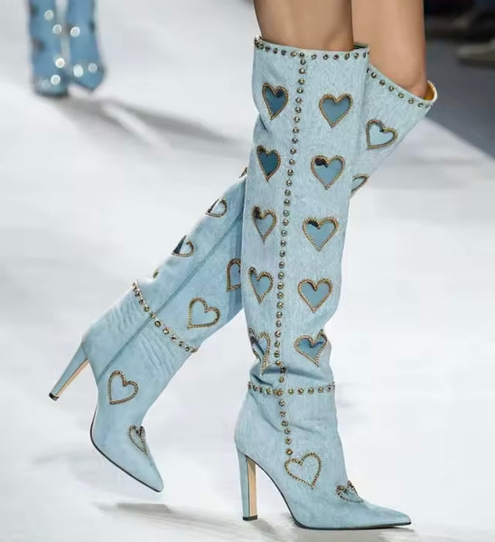 Women Fashion Denim Heart Bling Knee High Boots