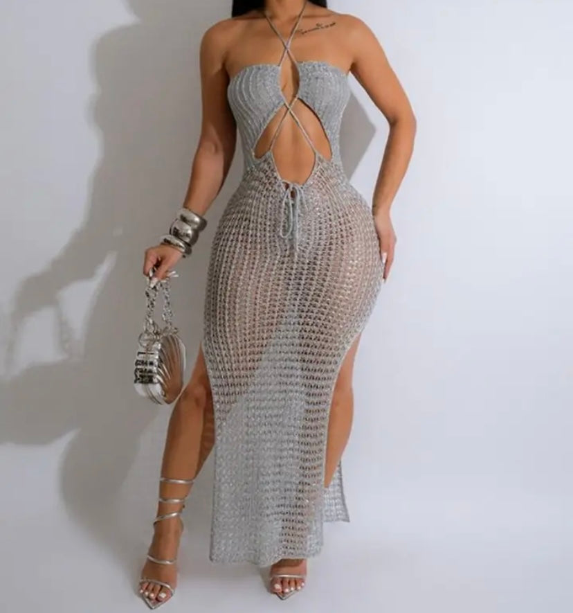 Women Knitted Sexy Halter Sleeveless Maxi Dress