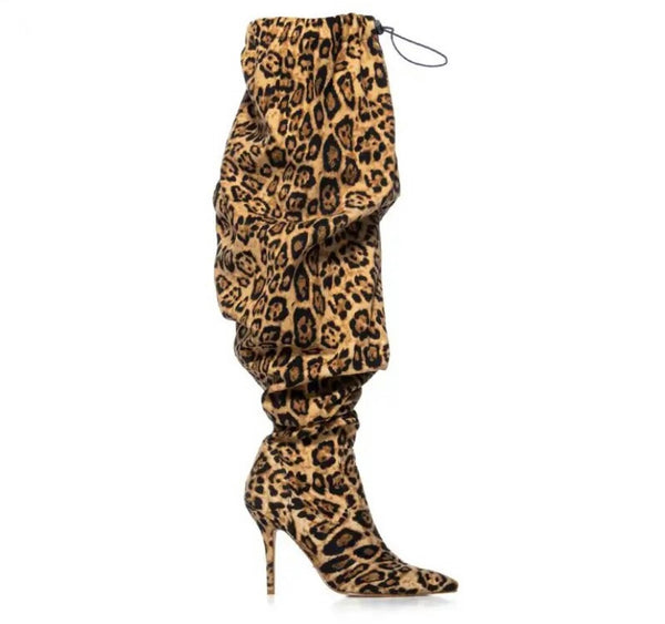 Women Fashion Leopard Drawstring Ruched Knee High Boots