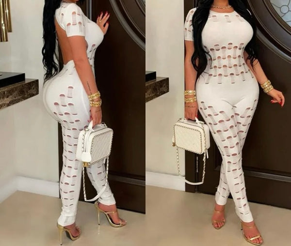 Women Sexy Fashion Ripped Short Sleeve Open Back Jumpsuit