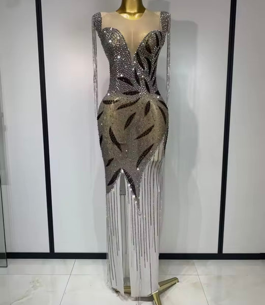 Women Sexy Rhinestone Tassel Sleeveless Mesh Maxi Dress