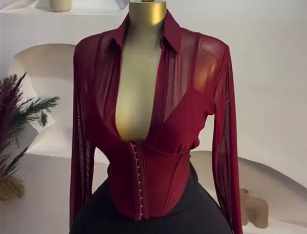 Women Button Up Burgundy Full Sleeve Mesh Top