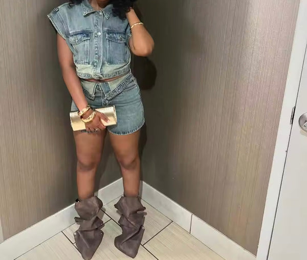Women Fashion Denim Button Up Sleeveless Two Piece Short Set