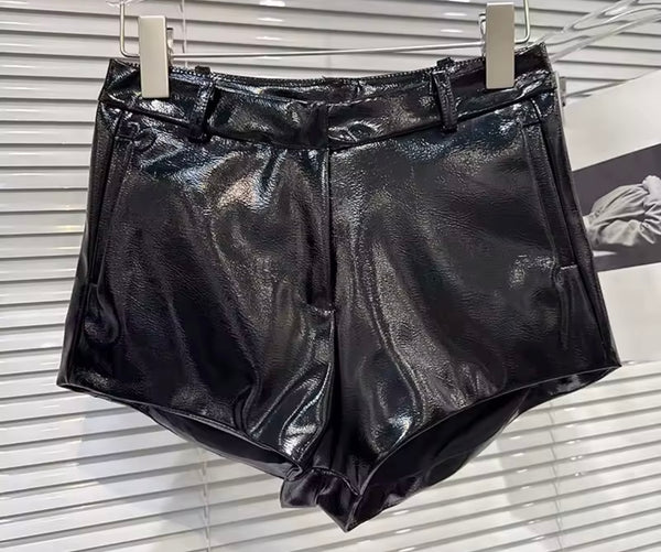 Women Rhinestone Sleeveless Mesh Two Piece PU Short Set