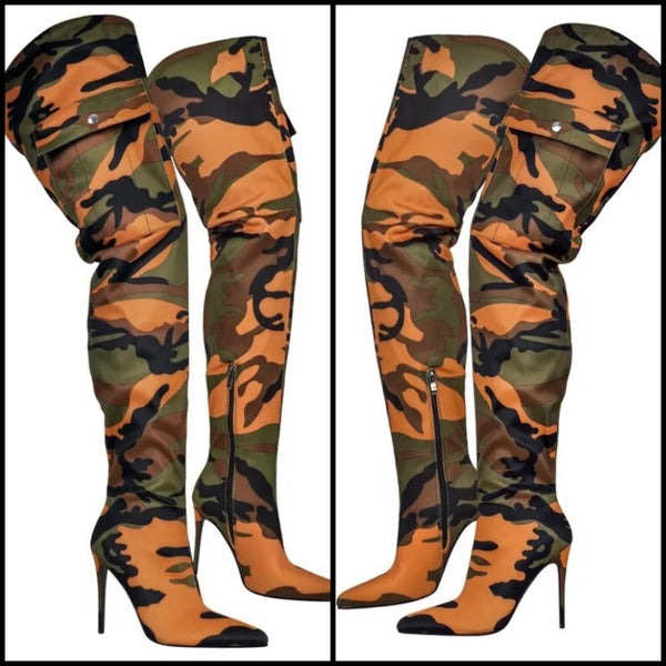 Women Color Camouflage Pocket Over The Knee Boots