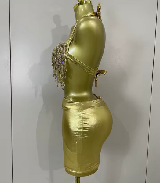 Women Rhinestone Tassel Halter Sleeveless Two Piece PU Skirt Set