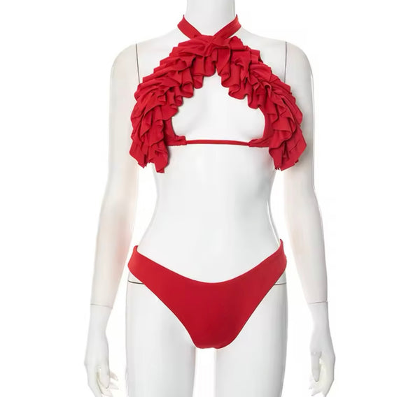 Women Sexy Color Ruffled Halter Bikini Swimsuit
