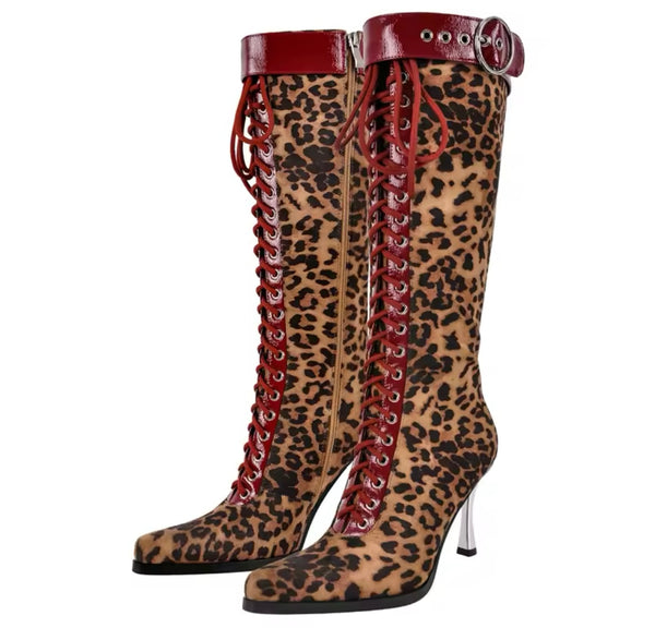 Women Fashion Leopard Suede PU Buckled Knee High Boots