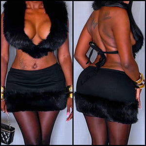 Women Sexy Black Faux Fur Halter Crop Two Piece Skirt Set