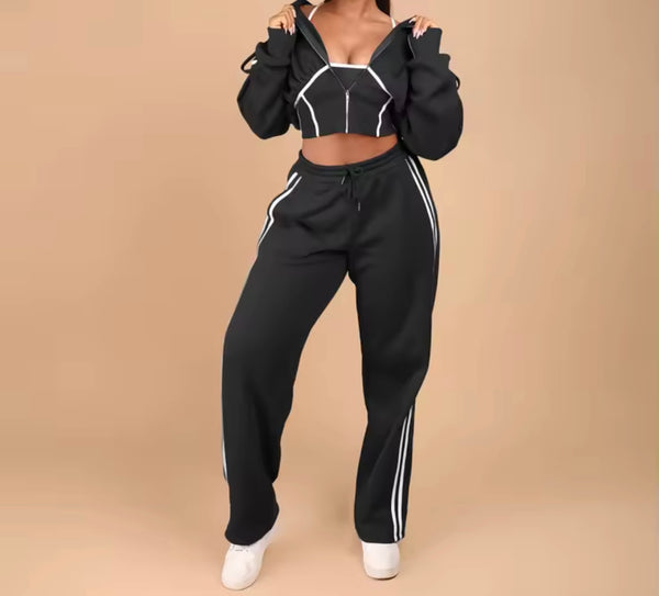 Women Fashion Striped Hooded Two Piece Tracksuit Pant Set