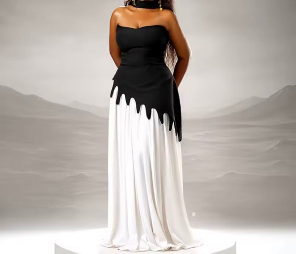 Women Sexy Sleeveless Scarf B&W Maxi Dress