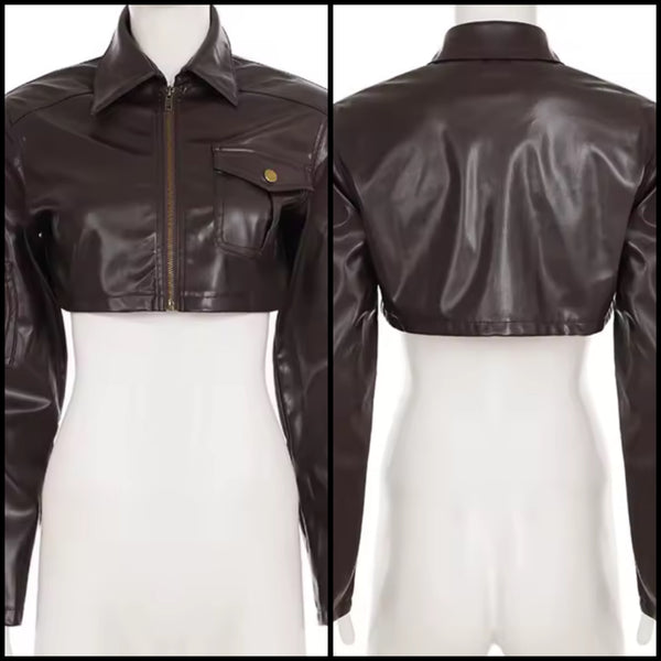 Women Brown Fashion Zip Up Faux Leather Crop Jacket