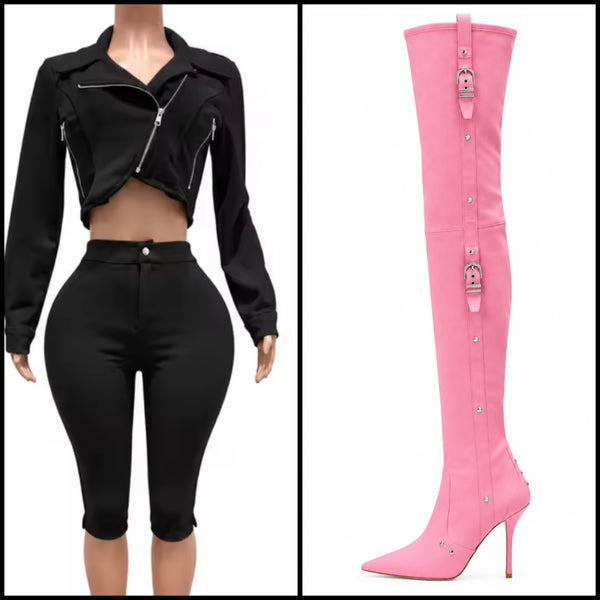 Women Fashion Pointed Toe Over The Knee Buckled High Heel Boots