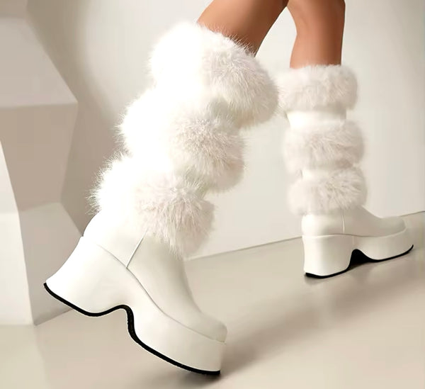 Women Fashion Platform Fur Patchwork Knee High Boots
