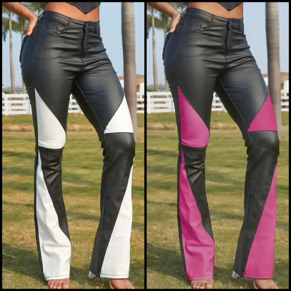 Women Fashion Color Patchwork PU Pants