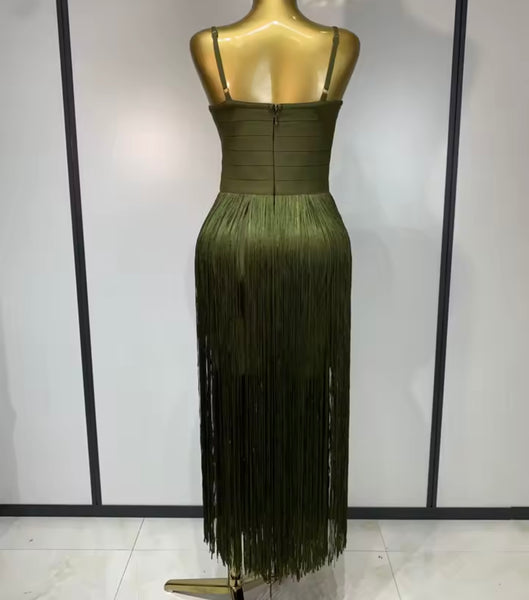 Women Green Sexy Sleeveless Fringe Tassel Maxi Dress