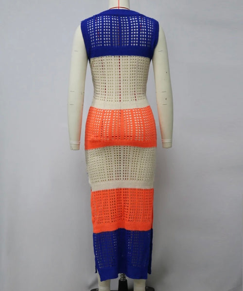 Women Sexy Sleeveless Color Patchwork Knitted Maxi Dress