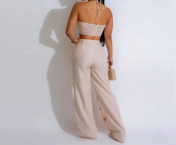 Women Sexy Sleeveless Cut Out Circle Two Piece Pant Set