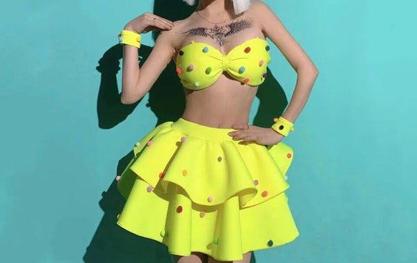 Women Sexy Strapless Neon Colorful Dots Ruffled Four Piece Skirt Set