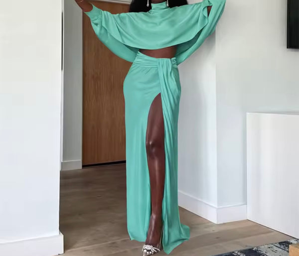 Women Sexy Full Sleeve Ruched Split Two Piece Maxi Skirt Set