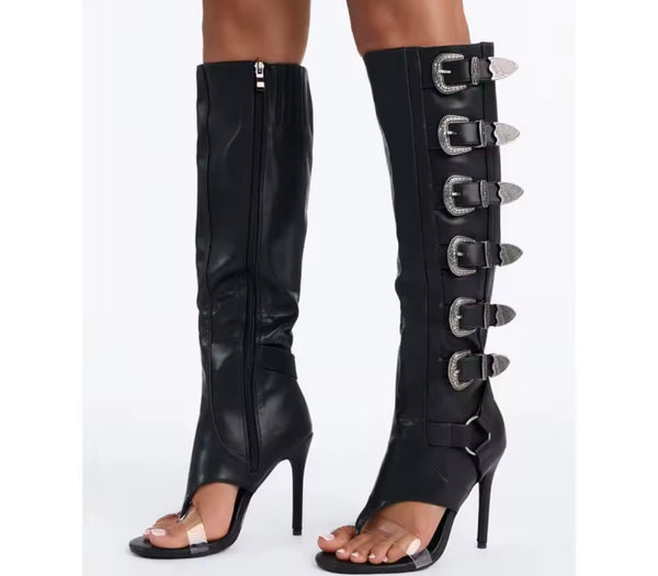 Women Fashion Open Toe Buckled Zip Up Knee High Boots