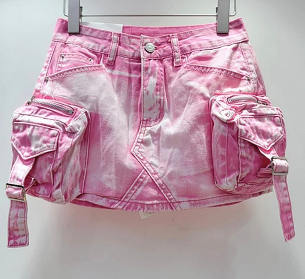 Women Fashion Pocket Buckled Denim Short Skirt
