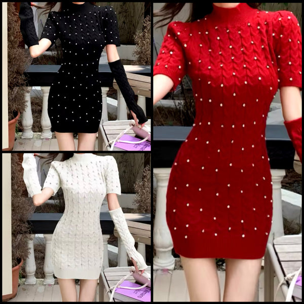 Women Fashion Bling Knitted Removable Sleeve Dress
