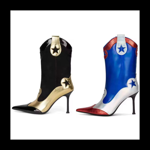 Women Fashion Color Patchwork Star High Heel Ankle Boots