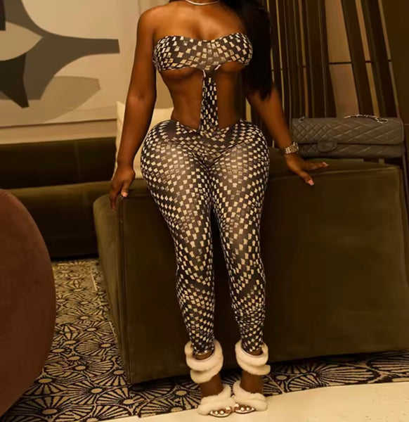 Women Sexy Fashion Strapless Cut Out Printed Jumpsuit