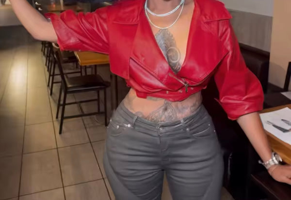 Women Color Fashion Zip Up Buckled Faux Leather Crop Jacket