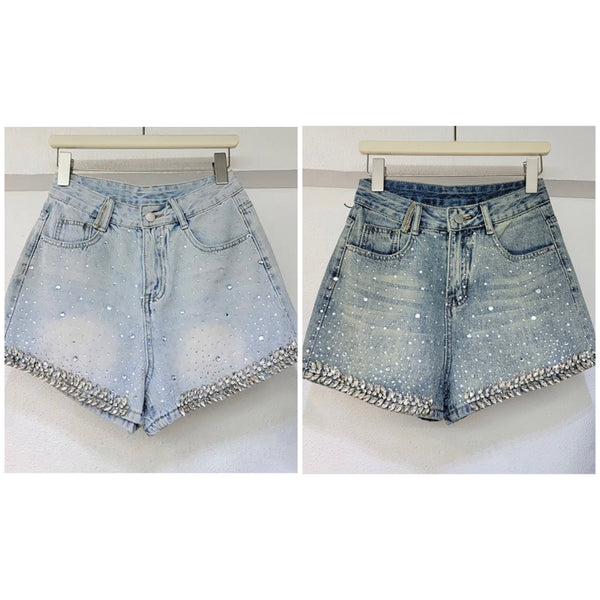 Women Fashion Bling Rhinestone Denim Shorts