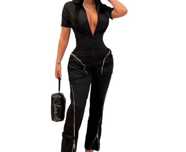 Women Fashion Short Sleeve Zipper Jumpsuit