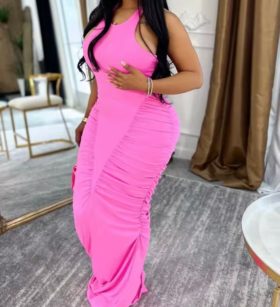 Women Sexy Color Sleeveless Ruched Maxi Dress