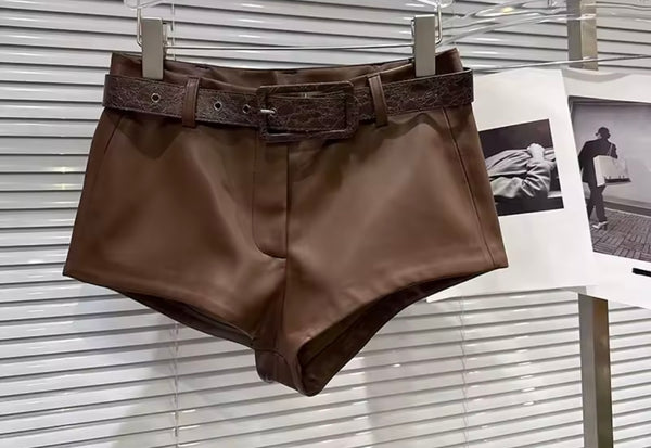 Women Brown Lace Full Sleeve Two Piece Faux Leather Short Set