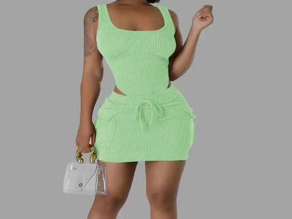 Women Sexy Sleeveless Ribbed Bodysuit Two Piece Skirt Set