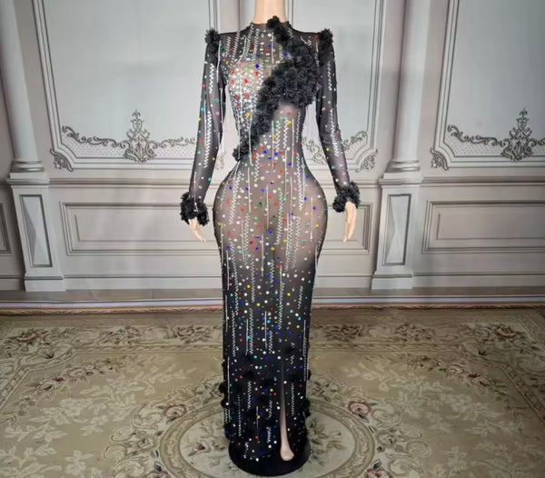 Women Sexy Black Multicolored Rhinestone Mesh Maxi Dress