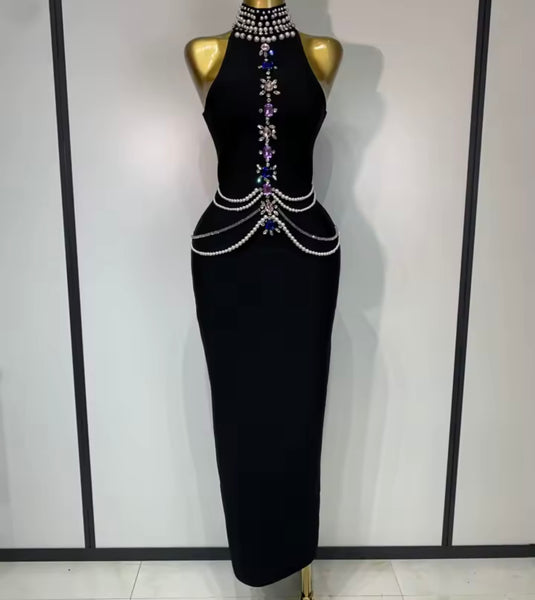 Women Sleeveless Rhinestone Pearl Black Sexy Maxi Dress