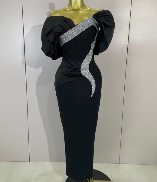 Women Elegant Off The Shoulder Bling Ruched Maxi Dress
