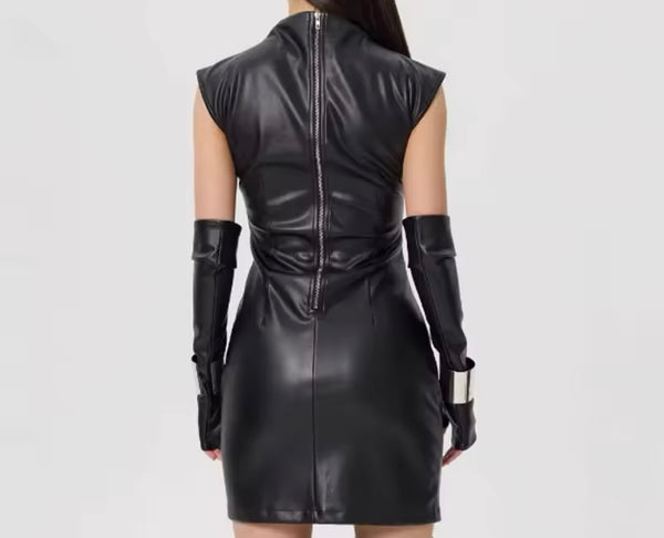 Women Sexy Sleeveless Glove Faux Leather Dress